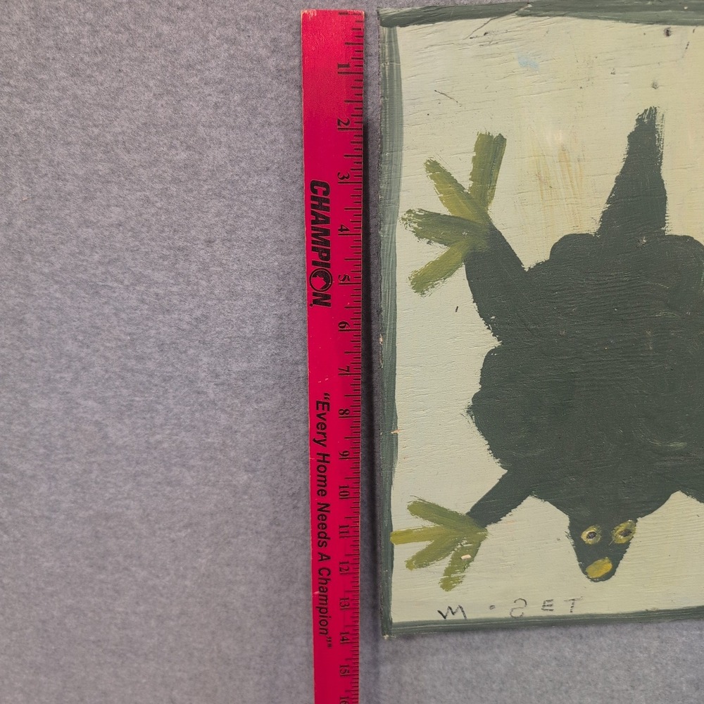 Mose T Signed Green Frog Painting Salvaged Wood 14" x 10.5" Moses Tolliver MoseT - Picture 5 of 6
